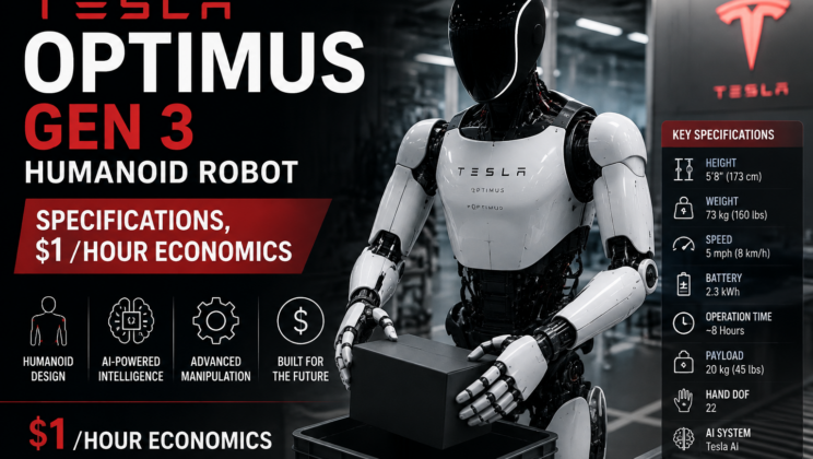 Tesla Optimus Gen 3 Humanoid Robot: Specifications, $1/Hour Economics